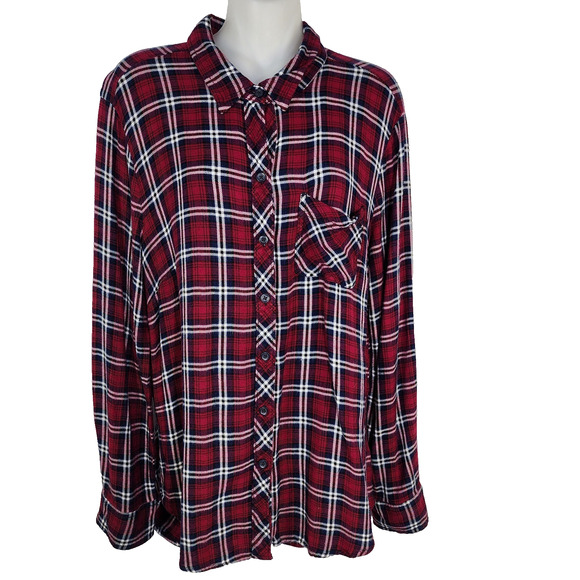 Beach Lunch Lounge Shirt Large Red Plaid Button Up Flannel Rayon Button Back - Picture 1 of 9